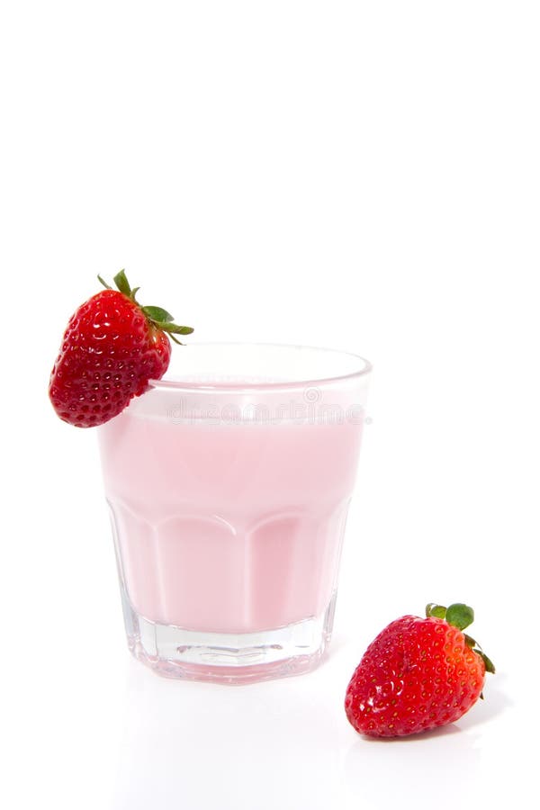 A glass with strawberry yoghurt drink