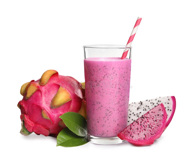 Glass of Tasty Pitahaya Smoothie and Fresh Dragon Fruits on White ...