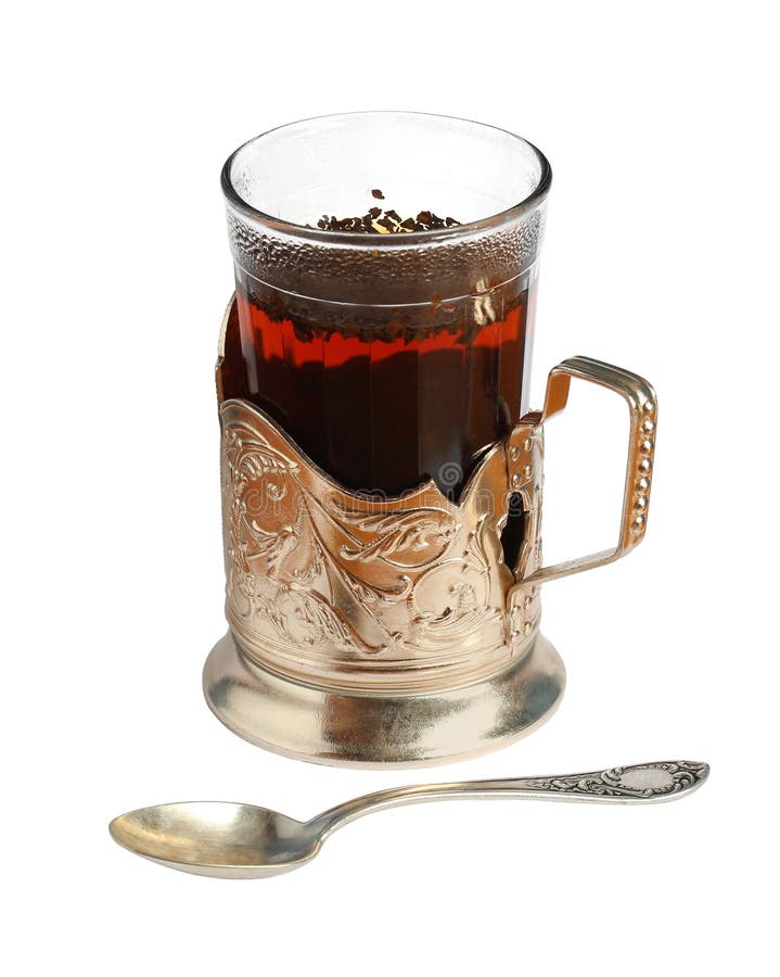 Glass of Tea in Cup Holder and Spoon. Stock Image Image of metal