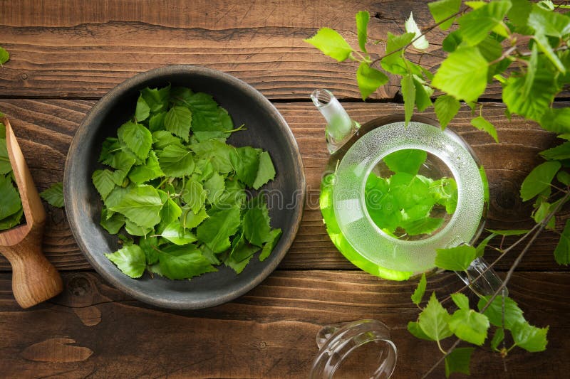 Glass teapot with birch leaf tea. Kettle and bowl of healthy Birch tree leaves. Alternative herbal medicine. Top view. stock photo