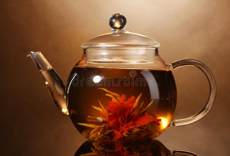 Exotic Green Tea with Flowers in Glass Teapot Stock Photo Image of