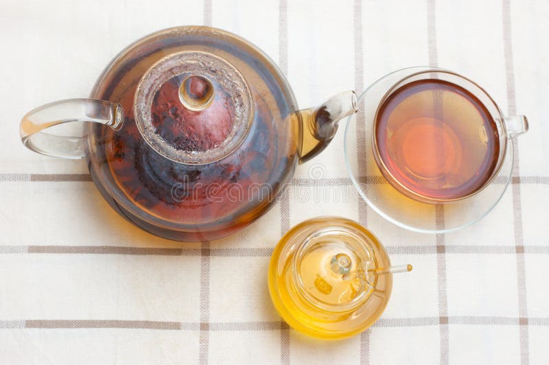 Glass teapot, mug, honney jar
