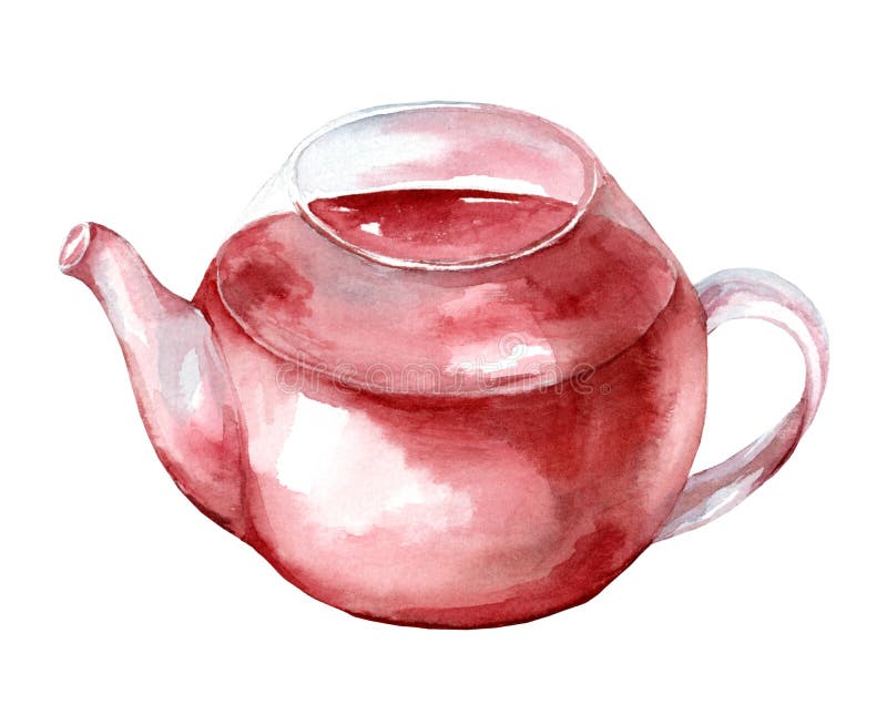 Glass teapot with tea isolated on white background. Watercolor hand drawn illustration.