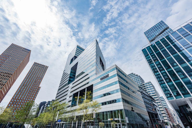 Glass tower buildings in the financial center of the city of Amsterdam called zuid-as or south-axe