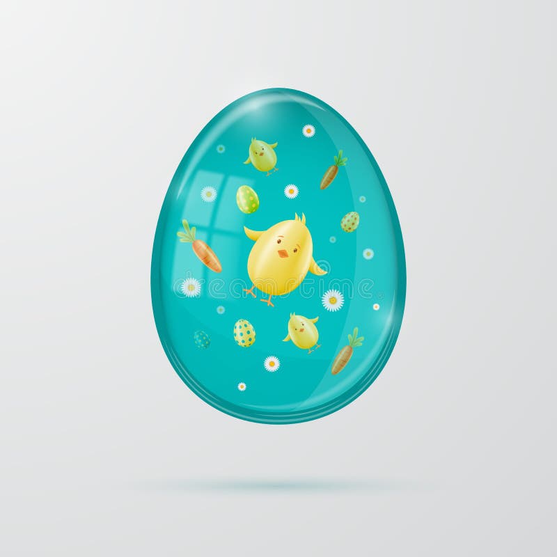 Glass Transparent Realistic Easter Egg with Chickens and Flowers. Stock ...