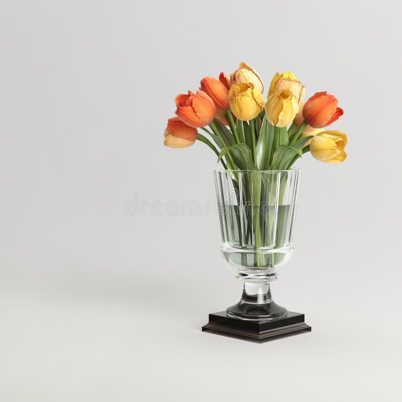 Glass Vase with Decorative Tulips Isolated on Light Background Stock