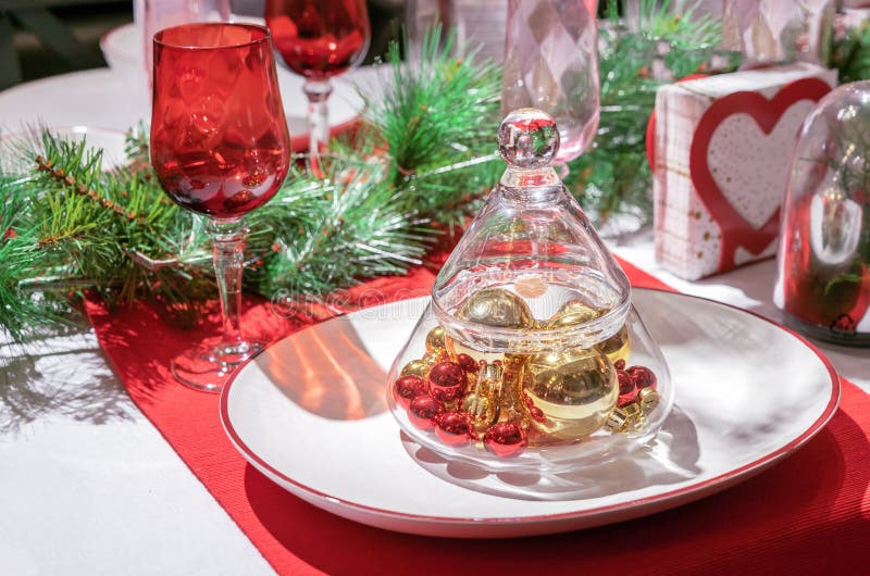 Glass Vase in the Form of a Christmas Tree with Christmas Balls Inside