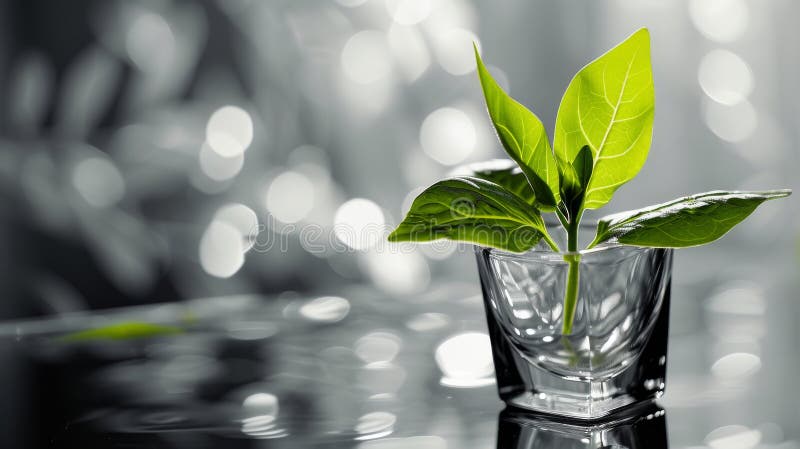Glass vase with fresh green leaves on reflective surface stock images