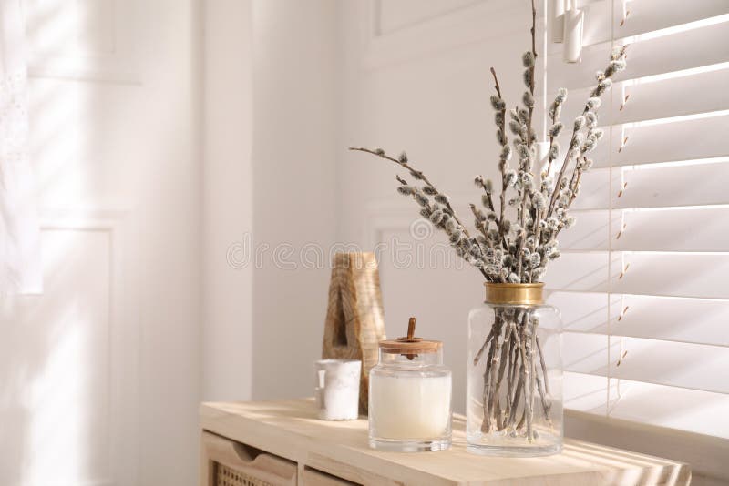 Glass Vases Pussy Willow Tree Branches Table Armchair Room Stock Photo by  ©NewAfrica 484703362