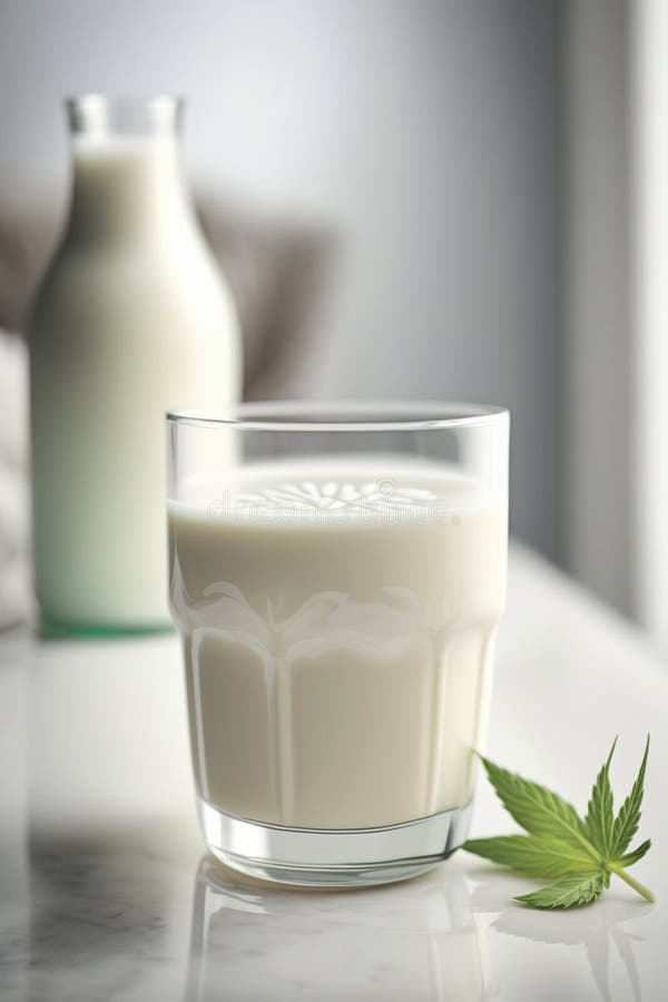 Glass with Vegan Hemp Milk on a White Table. Generative AI Stock