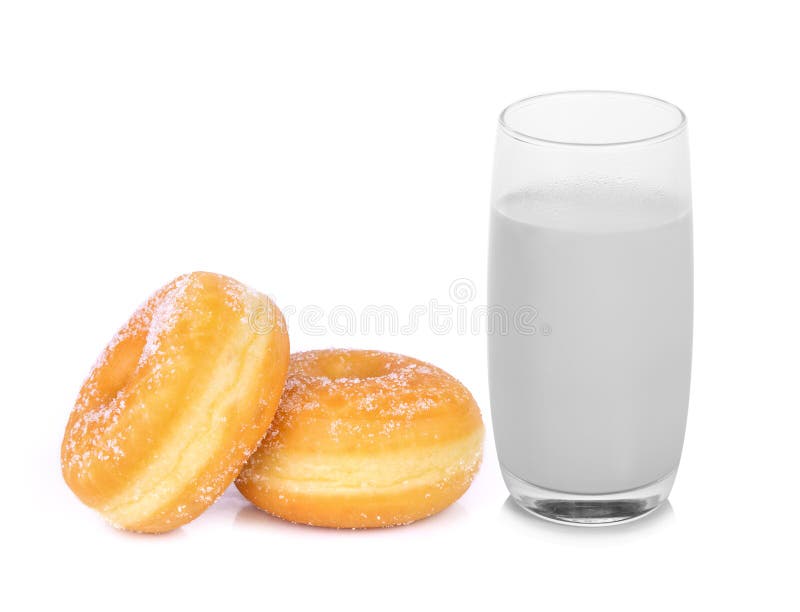 Glass Of Warm Milk And Sugar Donut Isolated On White Stock Image