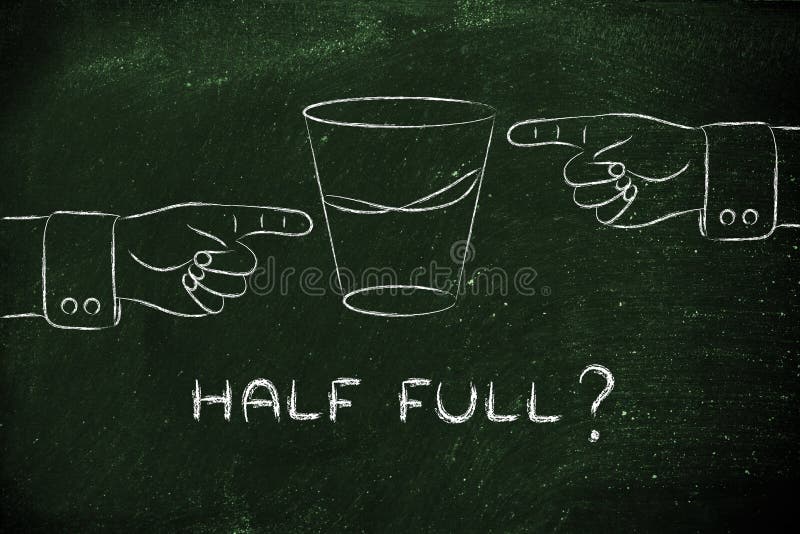 Glass of water and hands pointing, with text Half full? royalty free stock image