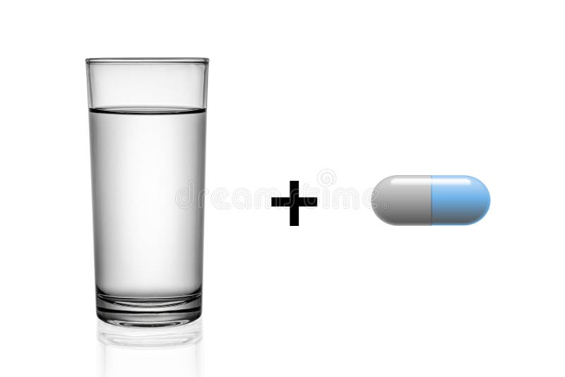 Glass of water and illustration pill isolated on white .