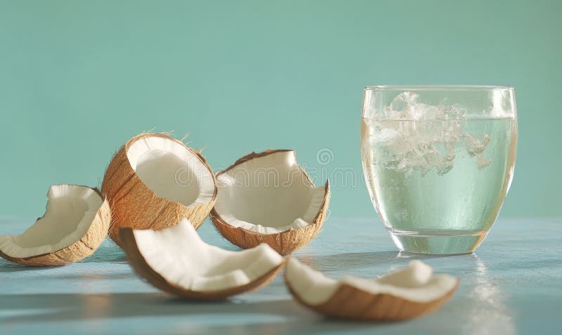 A glass of water is next to a pile of coconut stock image