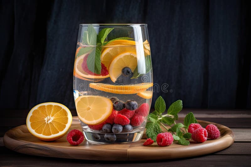 Glass of Water with Sliced Fruit or Herbs for a Refreshing and Healthy