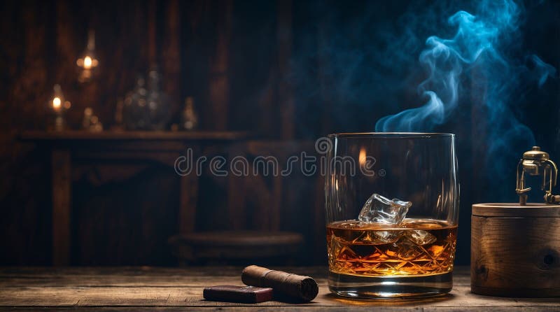 a glass of whiskey and cigar resting on the table with old fashioned crouchy