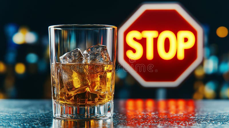 Glass of whiskey with ice cubes sits on reflective surface contrasting with bright stop sign in background scene evokes sense of vector illustration