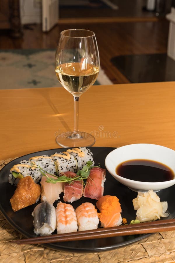 Glass of White Wine and Sushi Stock Image Image of drinks, fish 87881719