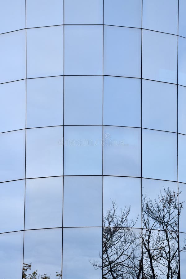 Glass windows facade of an office building reflecting trees royalty free stock photography