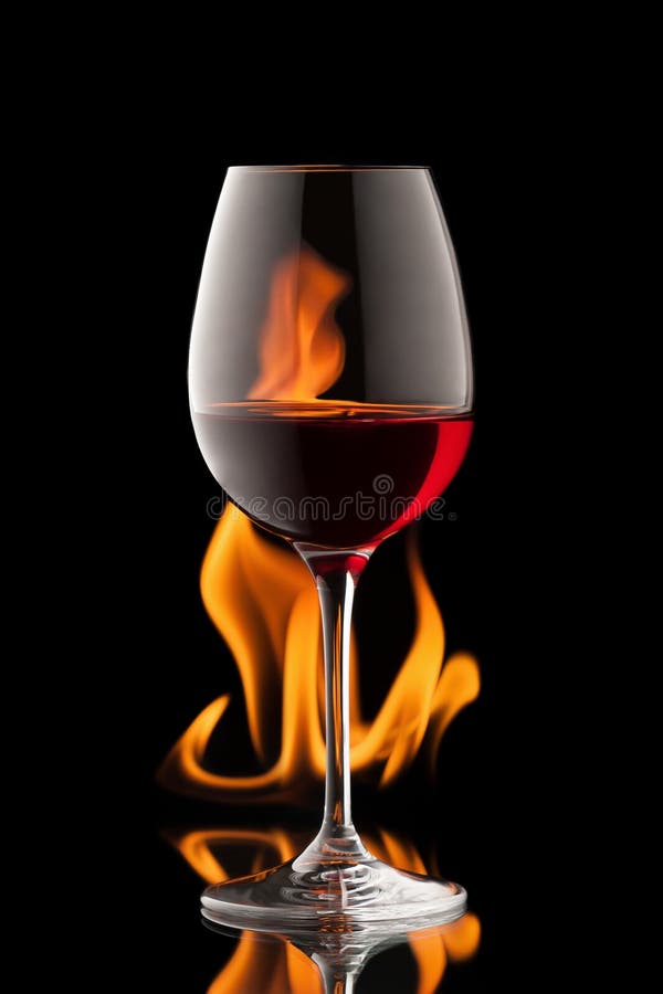 Glass of Wine on Black Background with Fire Splash Stock Image Image