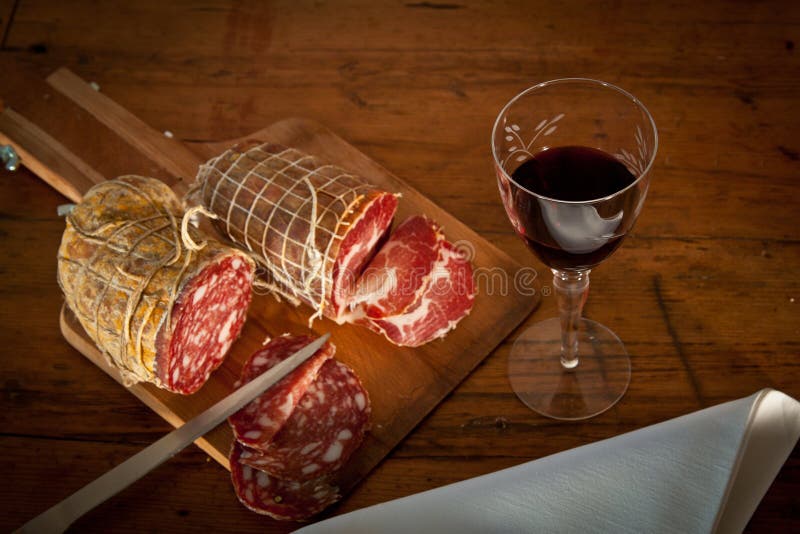 A Glass of Wine with Salami from Above Stock Photo Image of gourmet
