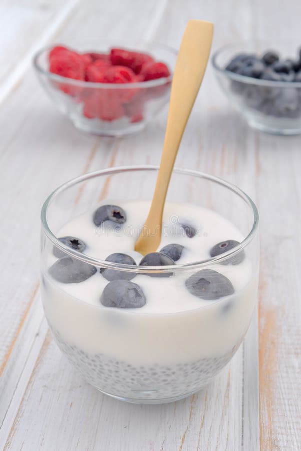 Glass Yogurt with Chia and Whole Blueberries on Bowl Stock Photo ...