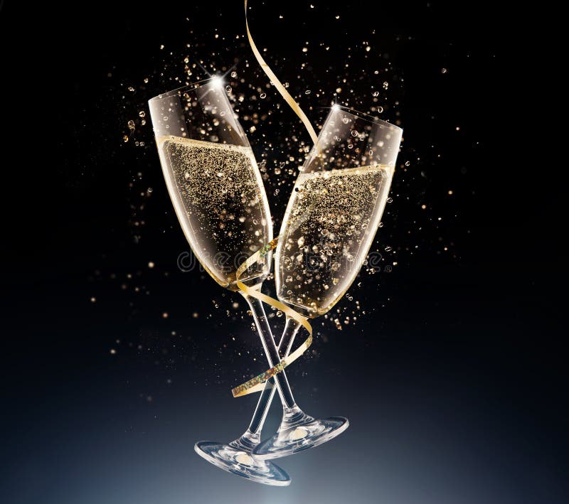 Glasses of champagne on a black background