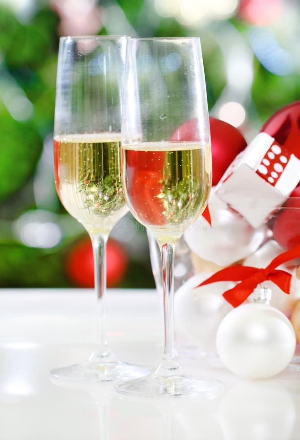 Glasses of Champagne and Christmas Decorations Stock Image Image of tree, celebrate 26879971