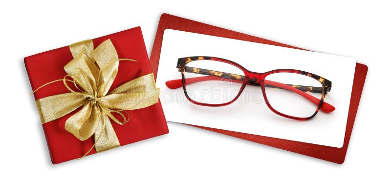 Glasses christmas gift card, red box with glittering golden ribbon bow, white ticket and eyewear isolated on white background