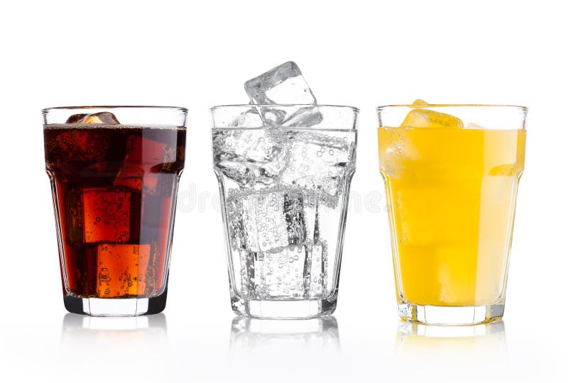 Glasses of Cola and Orange Soda Drink and Lemonade Stock Image