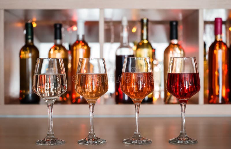 Glasses of Different Wine on Bar Counter Stock Image Image of merlot