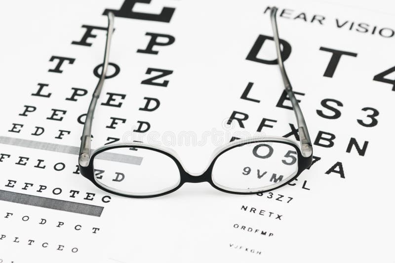 Glasses on eye chart stock images