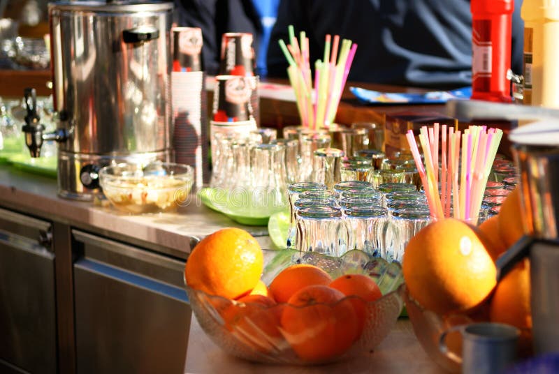 Glasses and fruit on the bar in beverage cafe. Fruit scene stock images, royalty-free photos and pictures