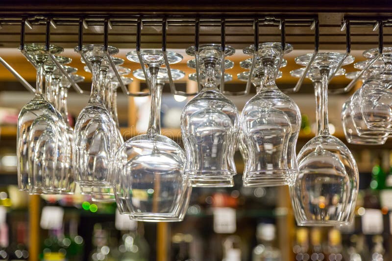 Glasses Hanging Above the Bar Stock Photo Image of background