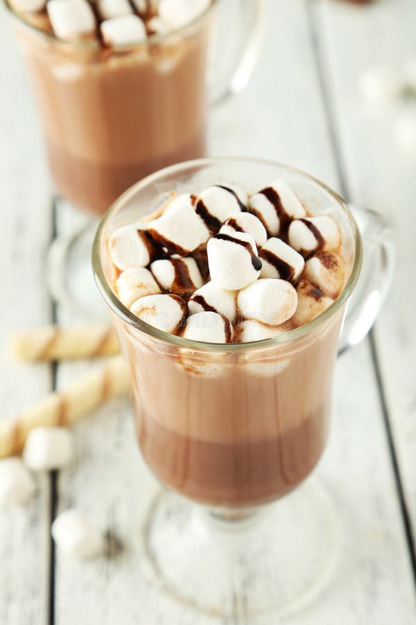 Glasses Of Hot Chocolate With Marshmallows On White Wooden Background ...