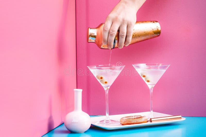 Martini with Olives and Vodka. Alcoholic Beverages Served Cold at Bar