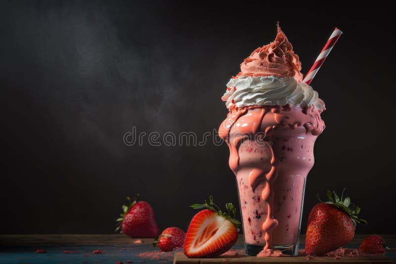 Glasses of milkshakes with chocolate, strawberry, with ice cream on black background. AI Generation