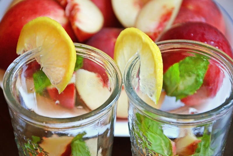 Glasses with Peach, Nectarine, Lemon and Mint. Summer Dessert Stock Photo Image of nourishment