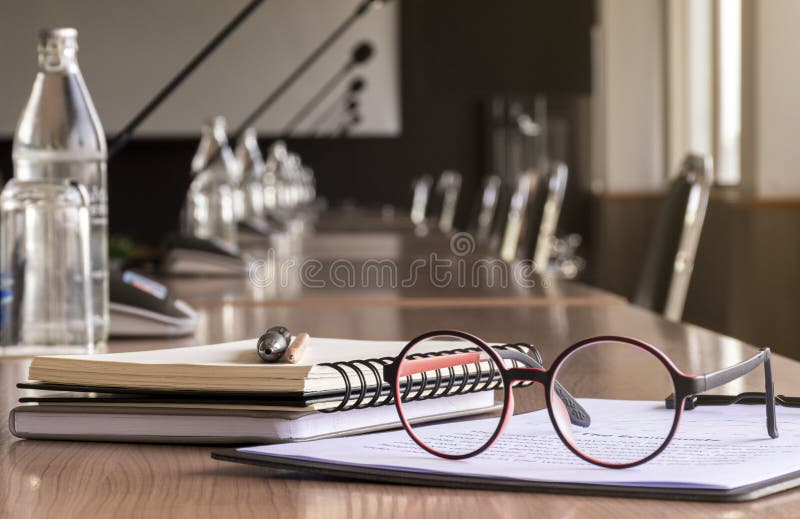 Glasses, Pen, Pencil, and Notebooks in Meeting Room Stock Image Image