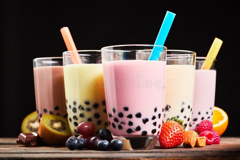 Glasses of refreshing milky boba or bubble tea