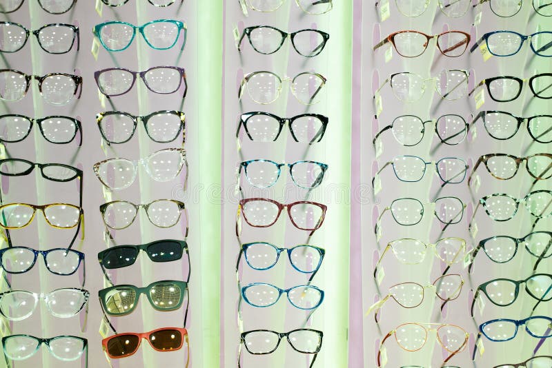 Glasses for Sight on the Shop Window. Modern Frames Stock Photo Image
