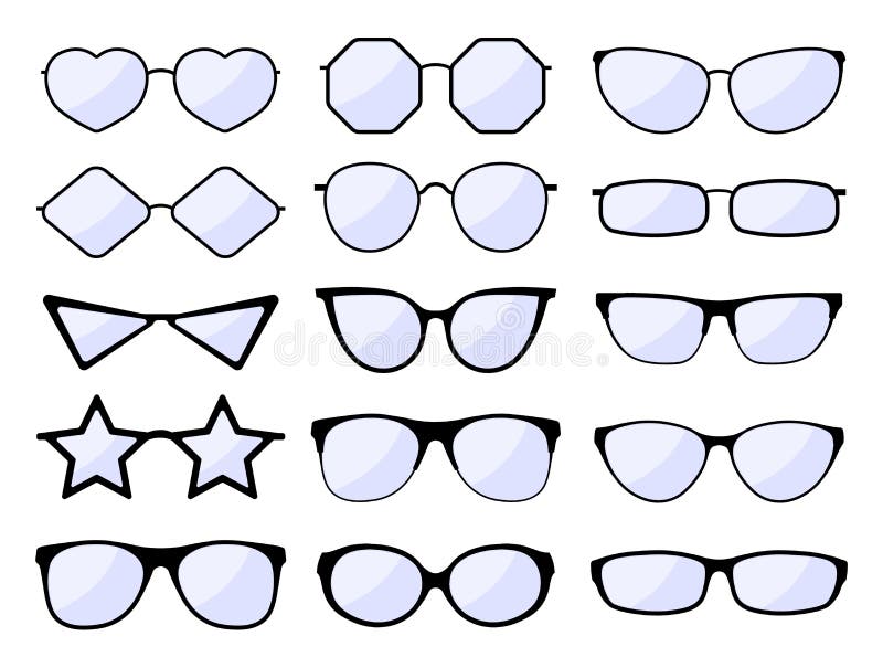 Glasses silhouette. Stylish frame eyeglasses, black eyewear models. Fashion spectacles glass. Hipster sunglasses. Vector