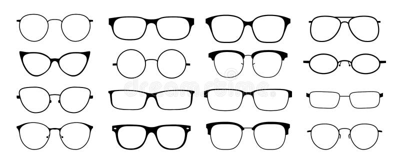 Glasses silhouette. Sun glasses hipster frame set, fashion black plastic rims, round geek style retro nerd glasses stock illustration Glasses silhouette. Sun glasses hipster frame set, fashion black plastic rims, round geek style retro nerd glasses stock illustration