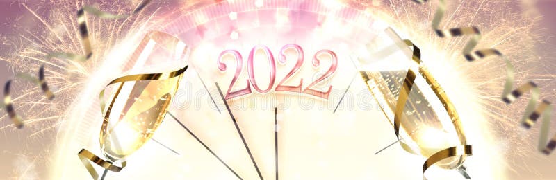 Glasses of sparkling wine, clock, shiny streamers and firework on color background, banner design. Countdown to New Year 2022