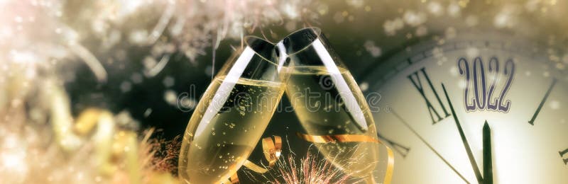 Glasses of sparkling wine, clock, shiny streamers and firework on color background, banner design. Countdown to New Year 2022