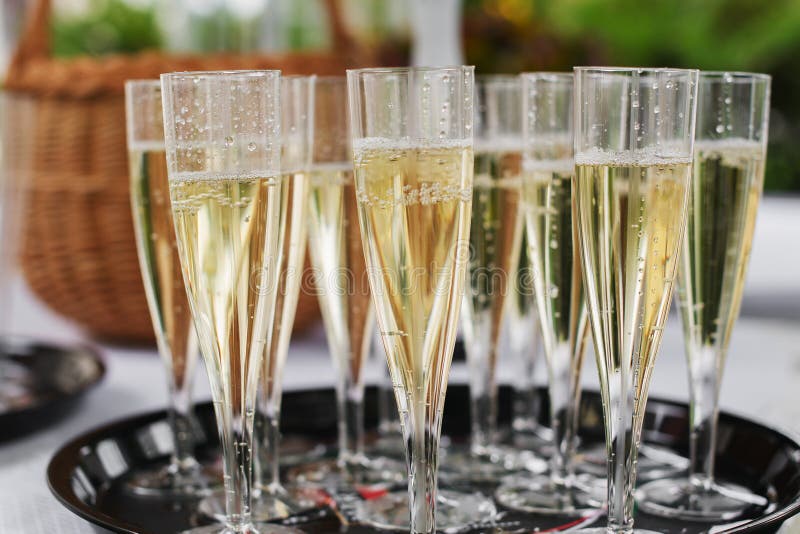 Glasses of sparkling wine on a wedding day.