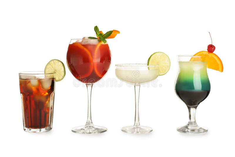 Glasses of Traditional Alcoholic Cocktails on White Stock Photo Image
