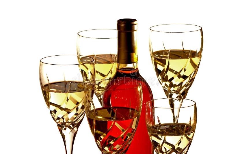 Glasses of Red and White Wine, with Red and White Wine Bottles Behind