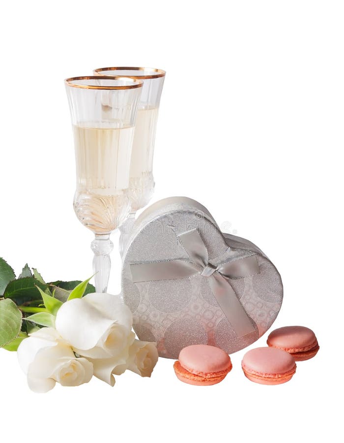 Glasses of White Wine, White Roses and Silver Gift Box Isolated Stock