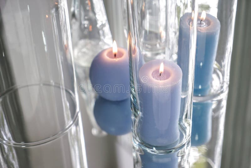 Glassware with Beautiful Burning Candles on Table with Reflection Stock Photo Image of decor